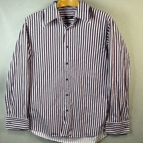 Boss Hugo Boss Dress Shirt Mens Size 17 1/2 34/35 Long Sleeve Cuffed Striped EUC - Picture 1 of 13